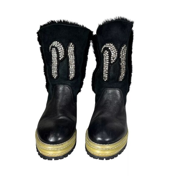 P1 Shoes - P1 Womens Black Leather Shearling Lining Lug Sole Mid Calf Boots Sz EU38 RARE